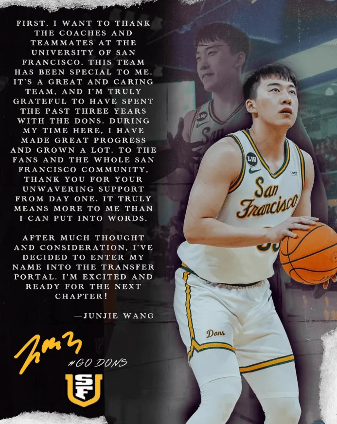 星空体育-王俊杰致谢旧金山大学:感谢旧金山大学的教练和队友们